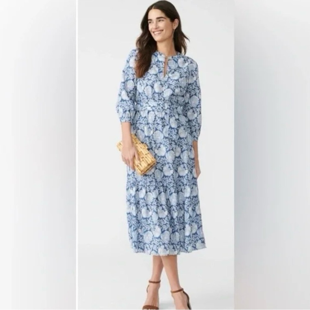 J. McLaughlin Small Cerina Silk Floral Print Belted Midi Dress Palmilla Blue NWT - Picture 2 of 16